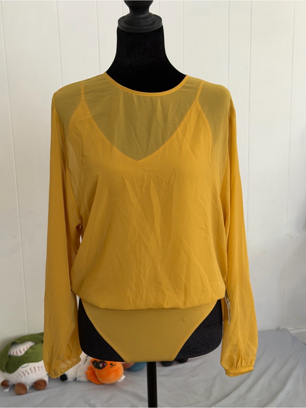 Women’s Mustard Yellow Long Sleeve Sheer Bodysuit Top size XS